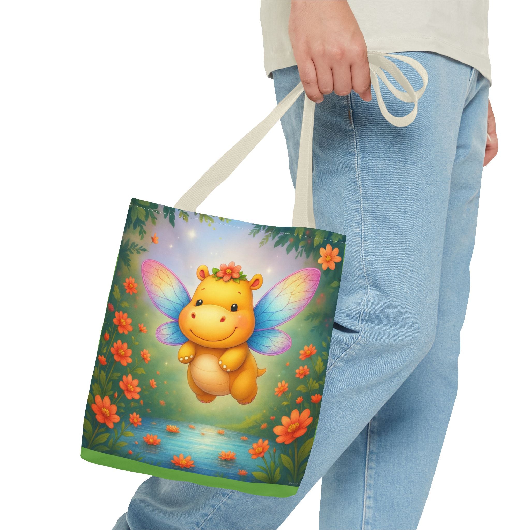 Fairy Hippo Tote Bag — Cute Floral Magic Wings Canvas Tote