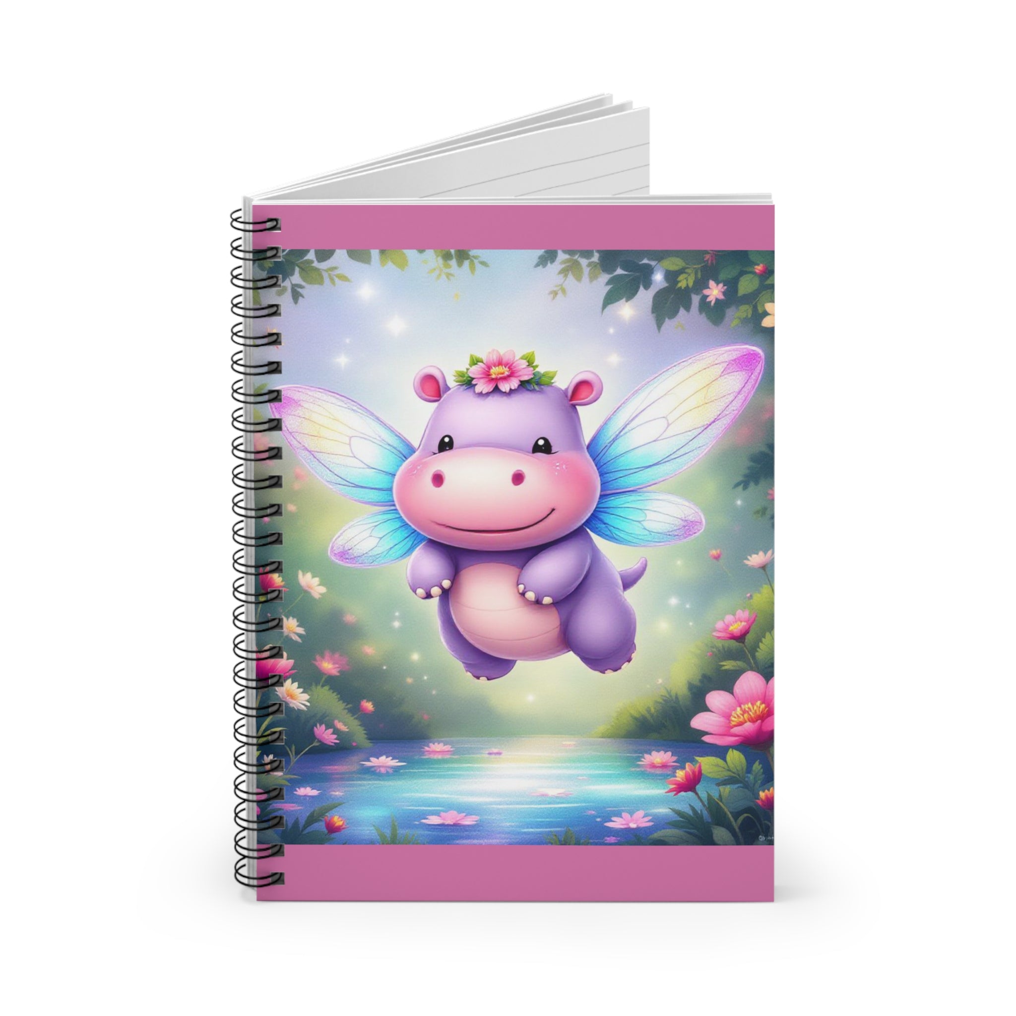 Magical Fairy Hippo Spiral Notebook — Ruled Journal for Kids, Cute Pink Woodland Writing Pad