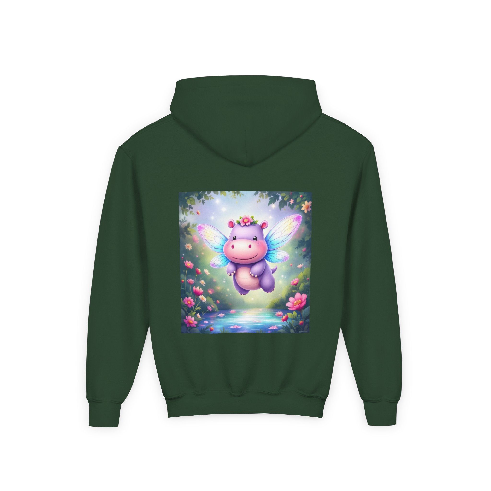 Whimsical Fairy Hippo Hooded Sweatshirt for Kids, Cute Gifts, Cozy Hoodie, Floral Design, Birthday Present