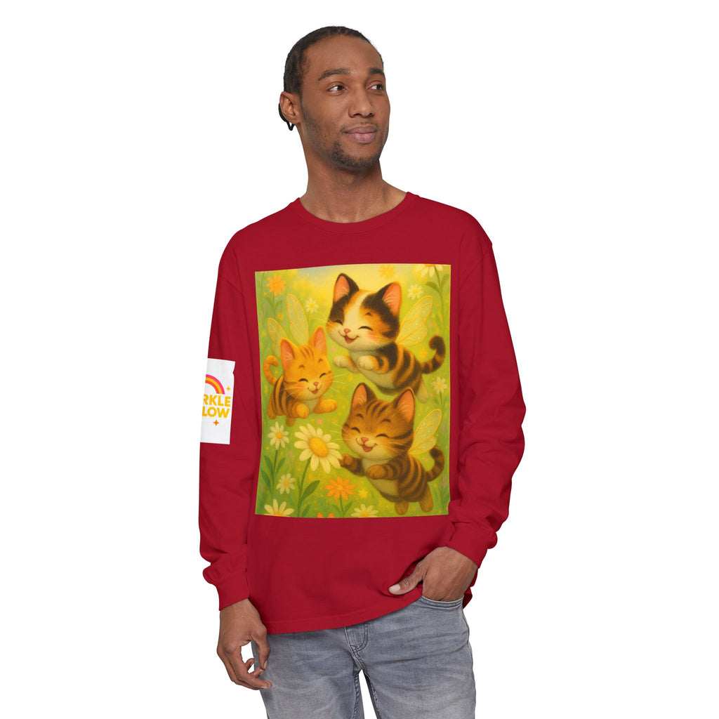 Long Sleeve T-Shirt - Whimsical Bumble Cats and Daisies in Land of Sparkle