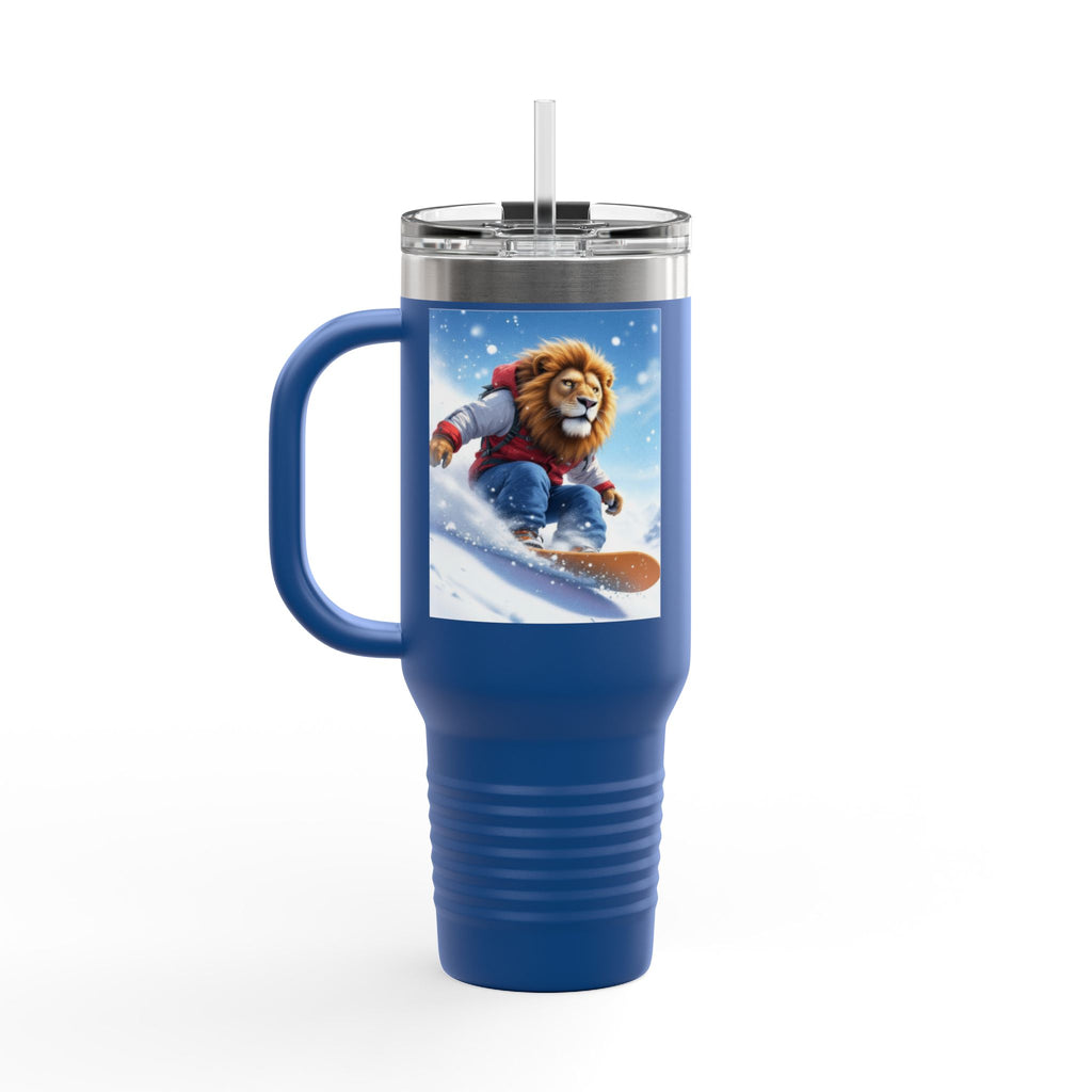 40oz Insulated Travel Mug — Snowboarding Lion Winter Adventure Design