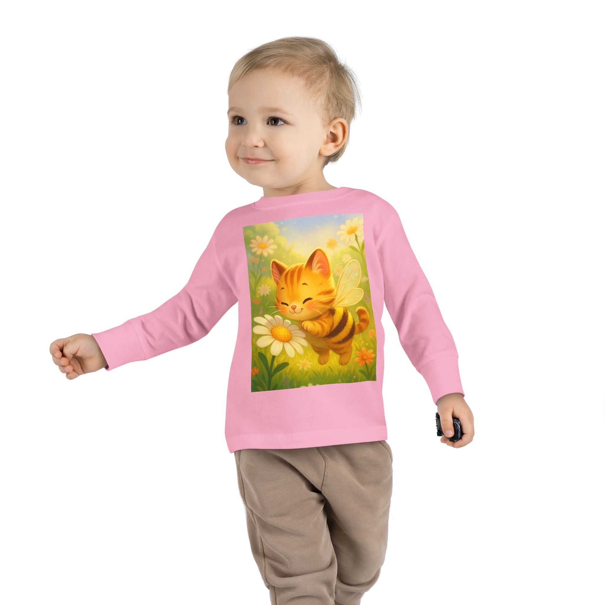 Toddler Long Sleeve Tee - Whimsical Honey Whisker Bumble Cat Garden of Flowers Design