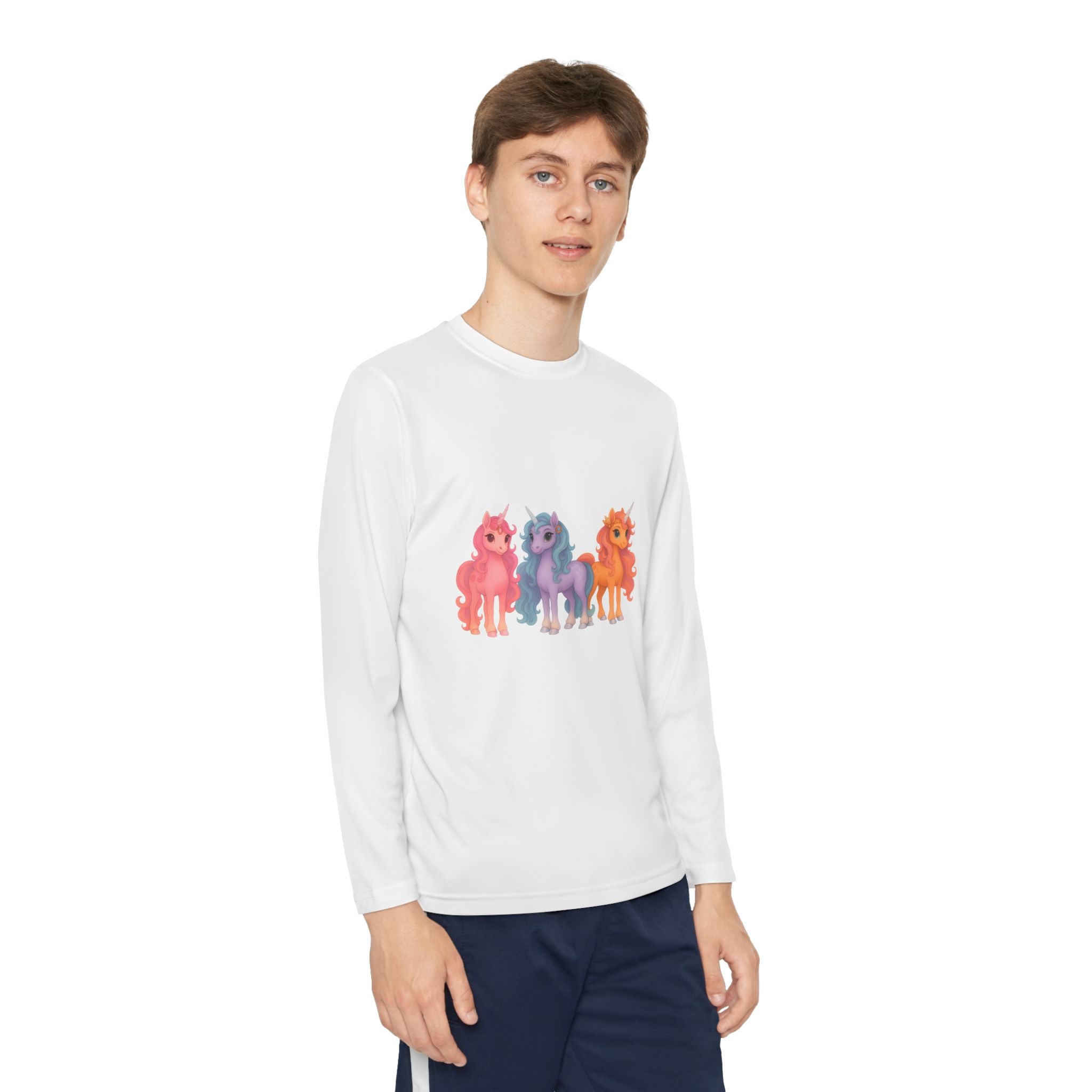 Youth Long Sleeve Tee — Colorful Cartoon Ponies Graphic