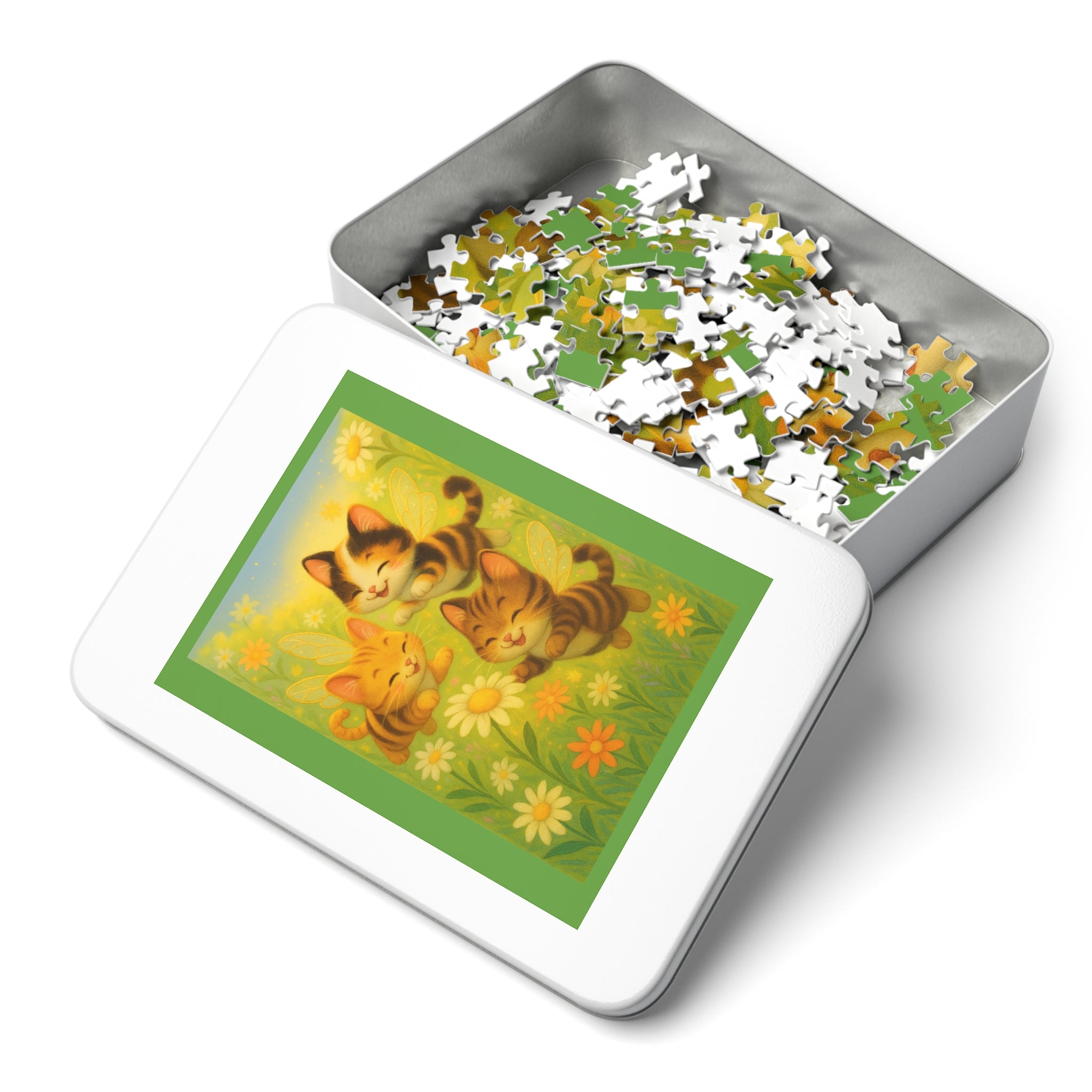 Jigsaw Puzzle: Whimsical Bumble Cat Trio Playing in Garden of Flowers