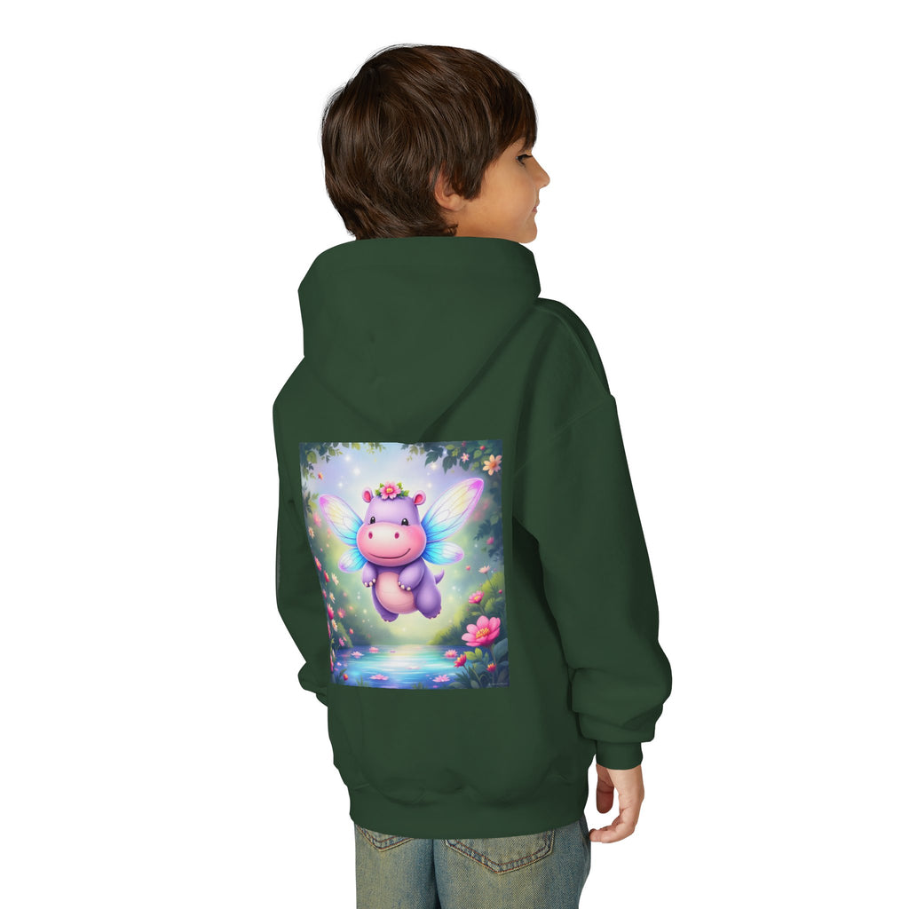 Whimsical Fairy Hippo Hooded Sweatshirt for Kids, Cute Gifts, Cozy Hoodie, Floral Design, Birthday Present