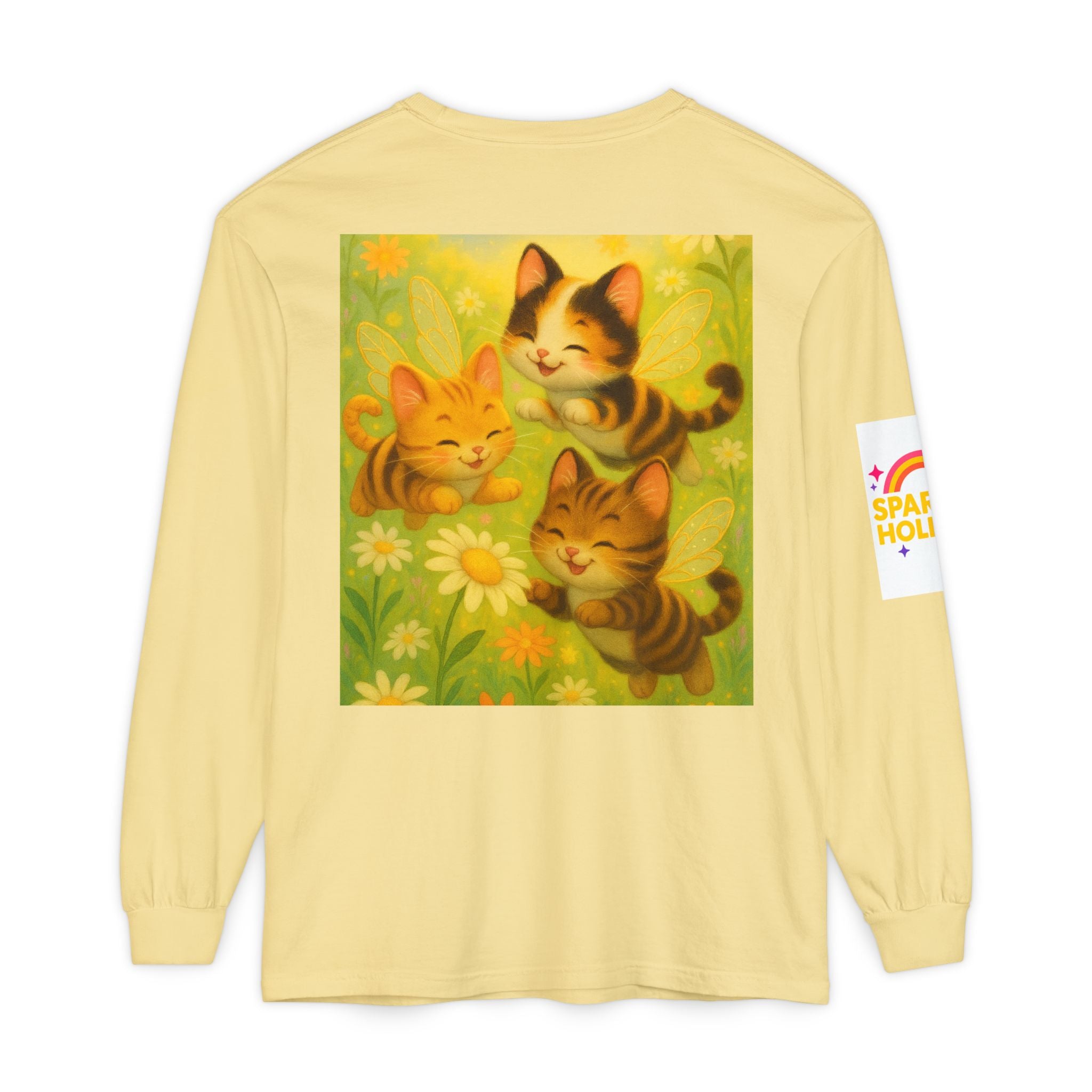 Long Sleeve T-Shirt - Whimsical Bumble Cats and Daisies in Land of Sparkle