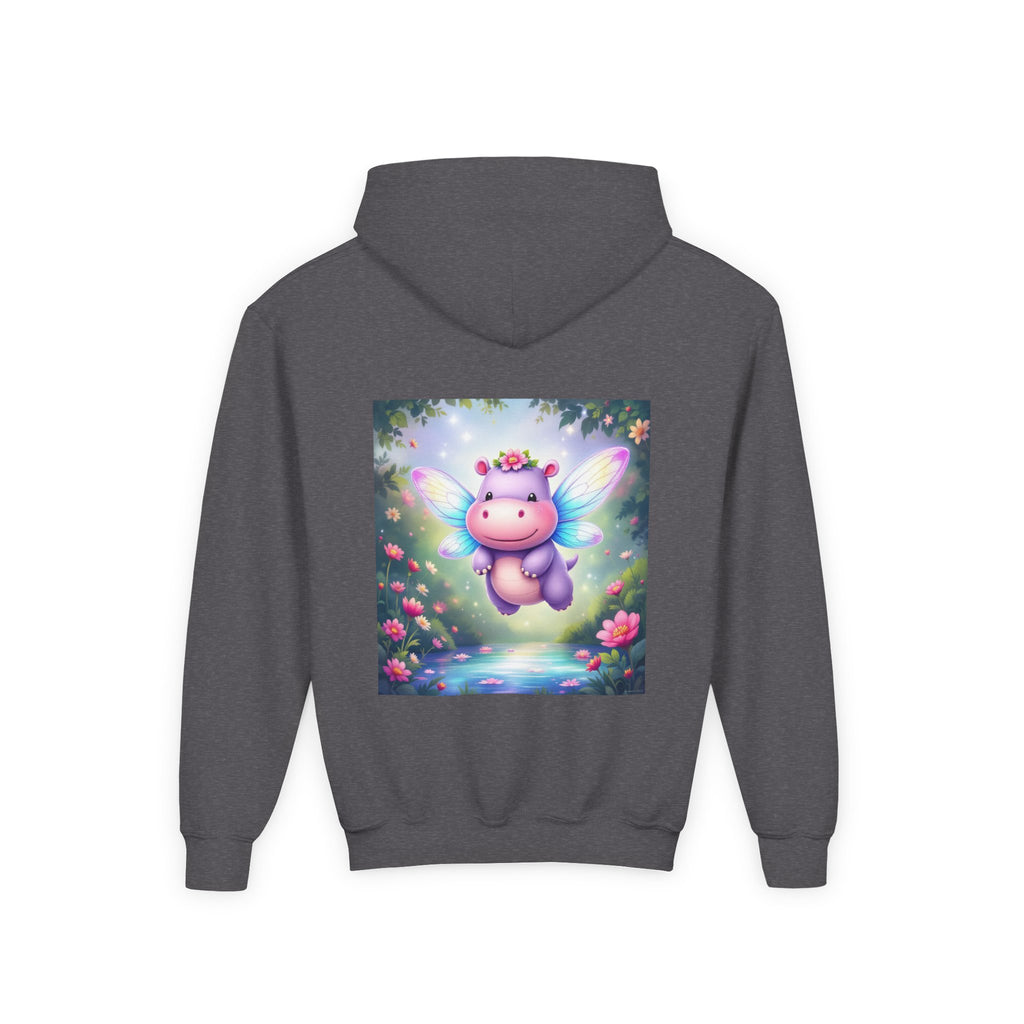 Whimsical Fairy Hippo Hooded Sweatshirt for Kids, Cute Gifts, Cozy Hoodie, Floral Design, Birthday Present