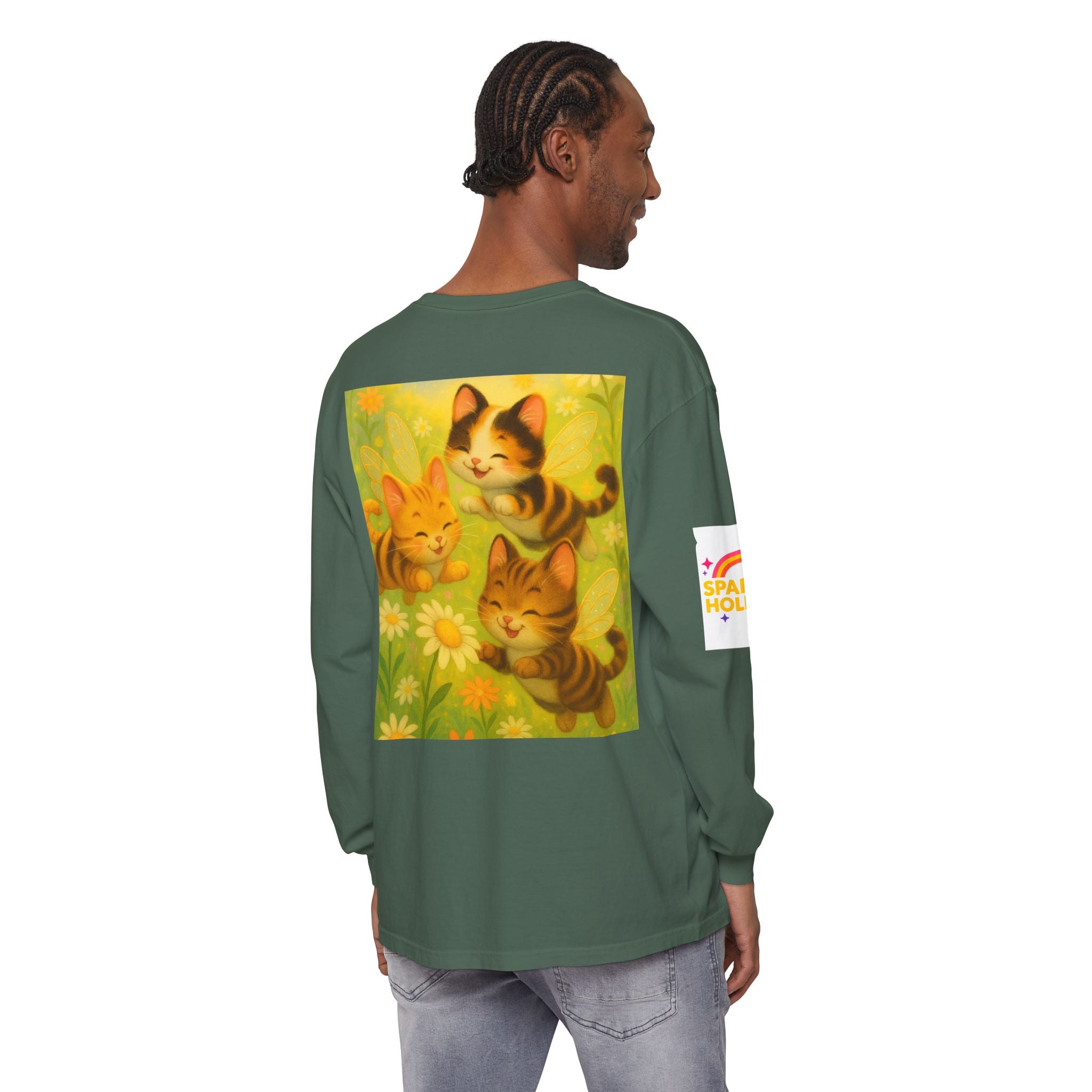 Long Sleeve T-Shirt - Whimsical Bumble Cats and Daisies in Land of Sparkle