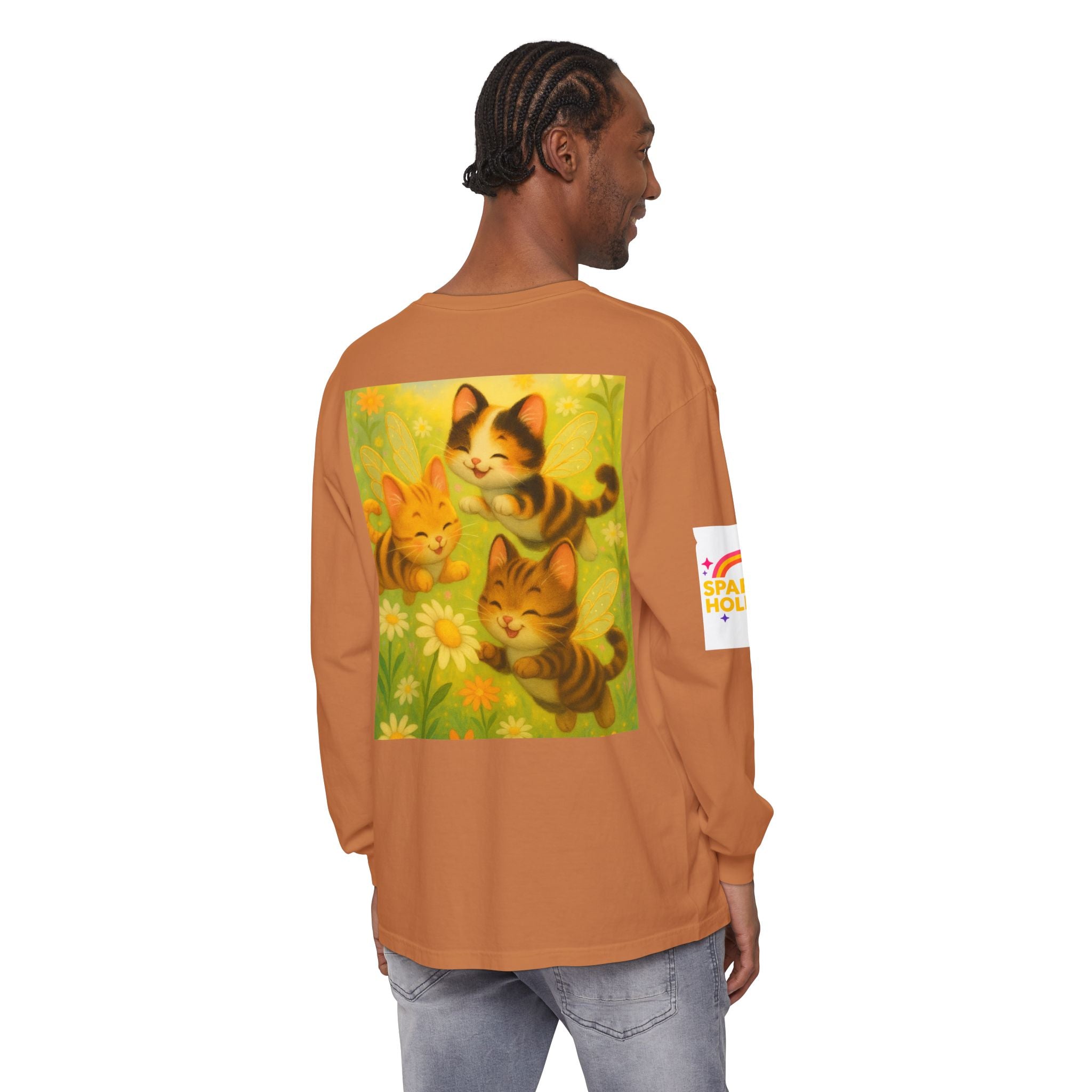 Long Sleeve T-Shirt - Whimsical Bumble Cats and Daisies in Land of Sparkle