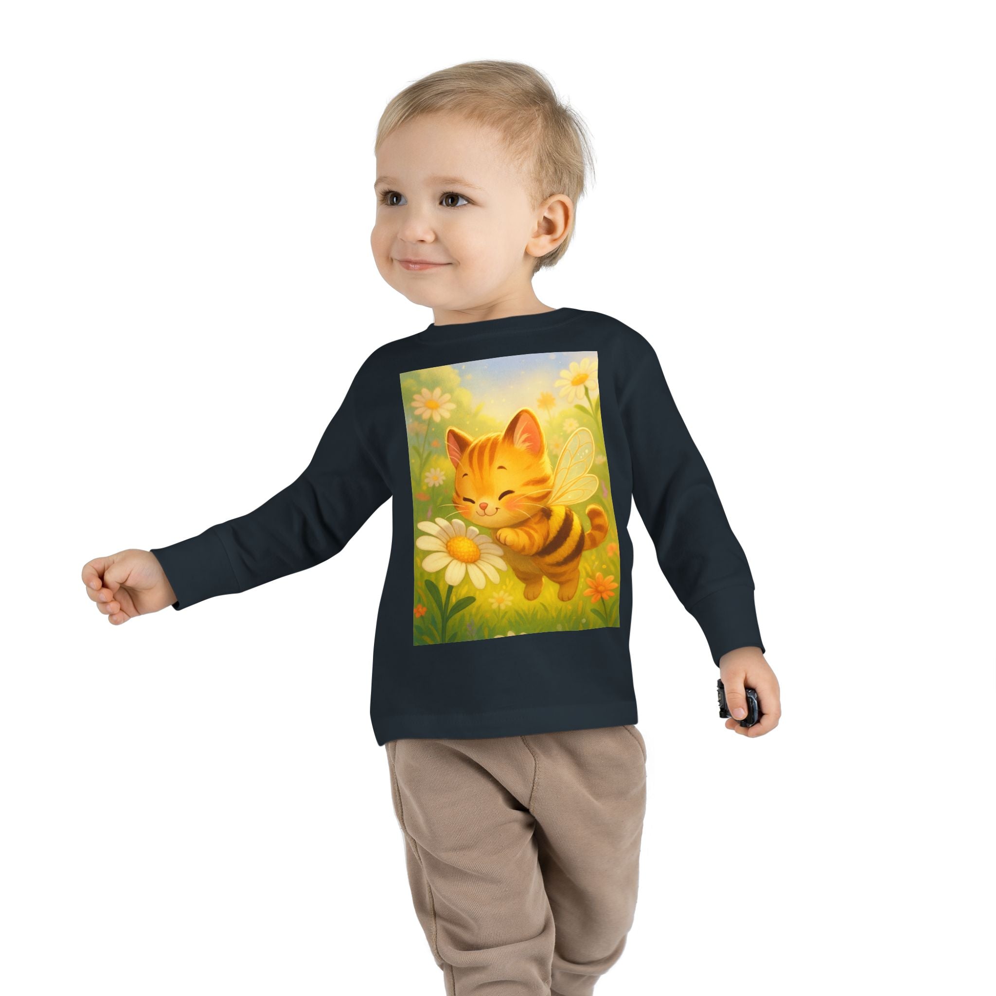 Toddler Long Sleeve Tee - Whimsical Honey Whisker Bumble Cat Garden of Flowers Design