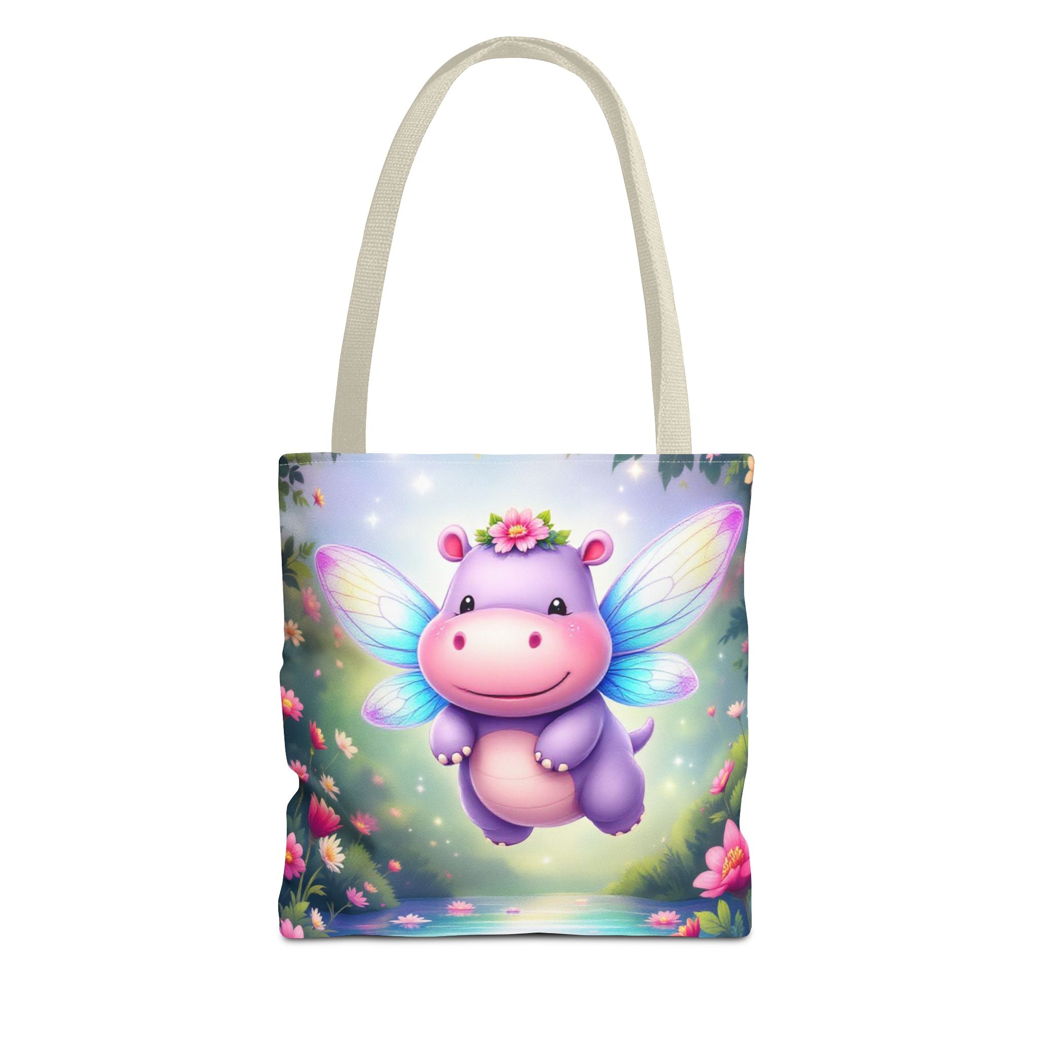 Cute Fairy Hippo Tote Bag — Magical Flower Wings All-Over Print