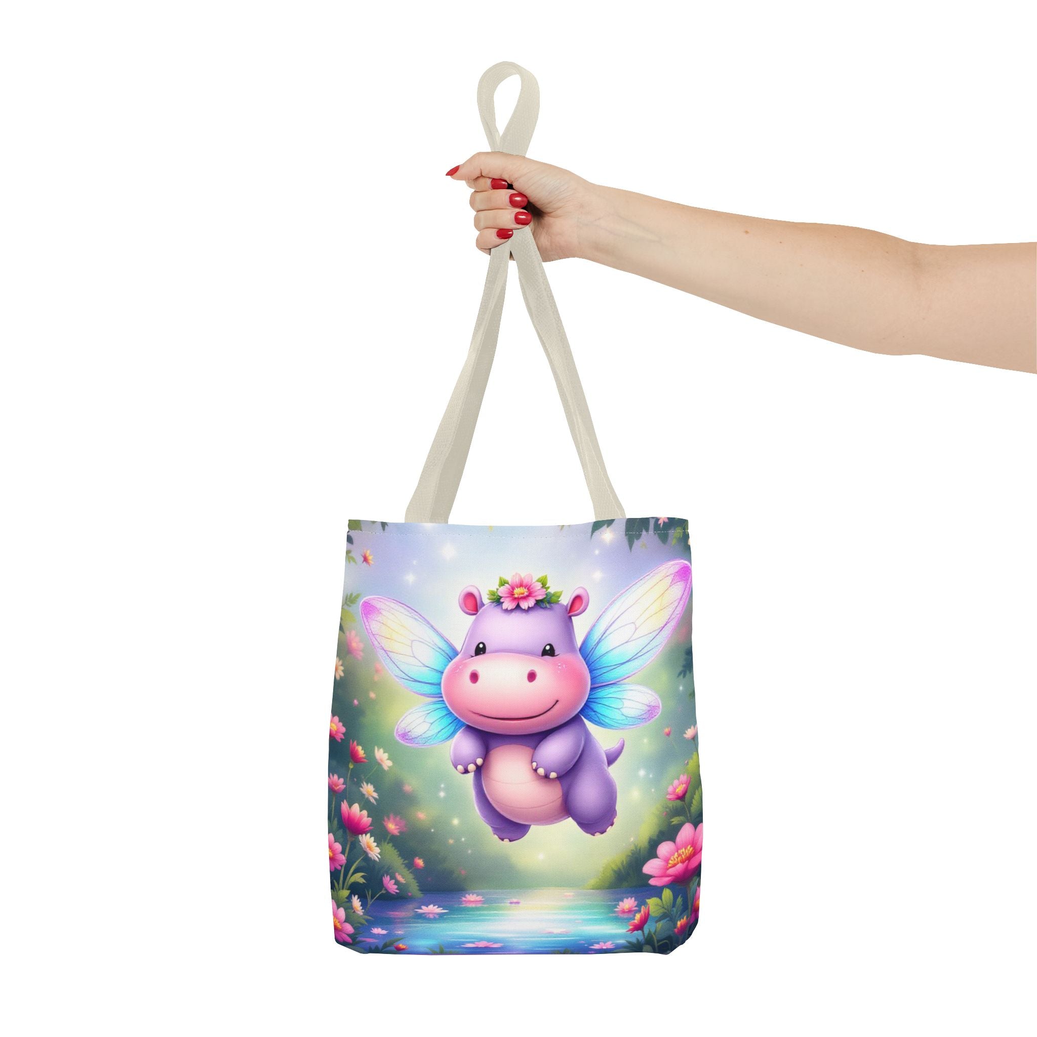Cute Fairy Hippo Tote Bag — Magical Flower Wings All-Over Print