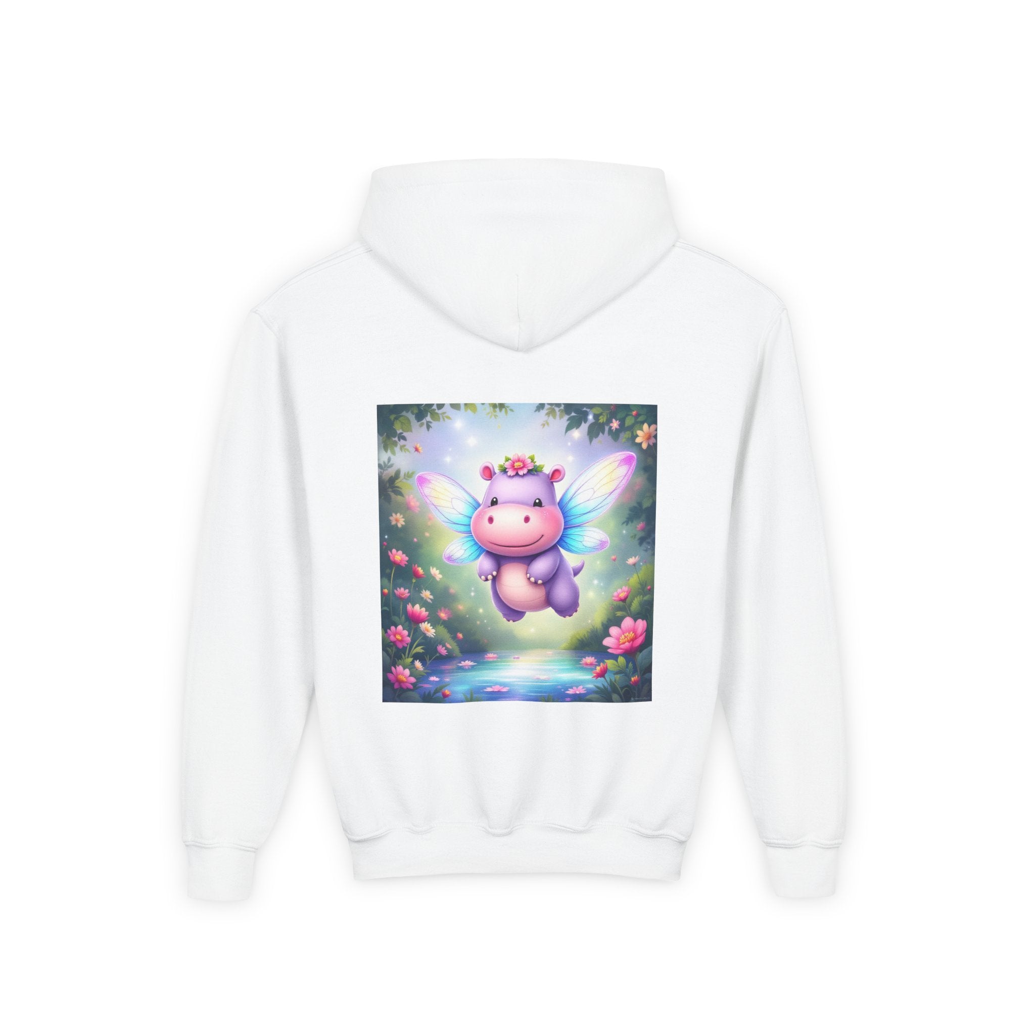 Whimsical Fairy Hippo Hooded Sweatshirt for Kids, Cute Gifts, Cozy Hoodie, Floral Design, Birthday Present