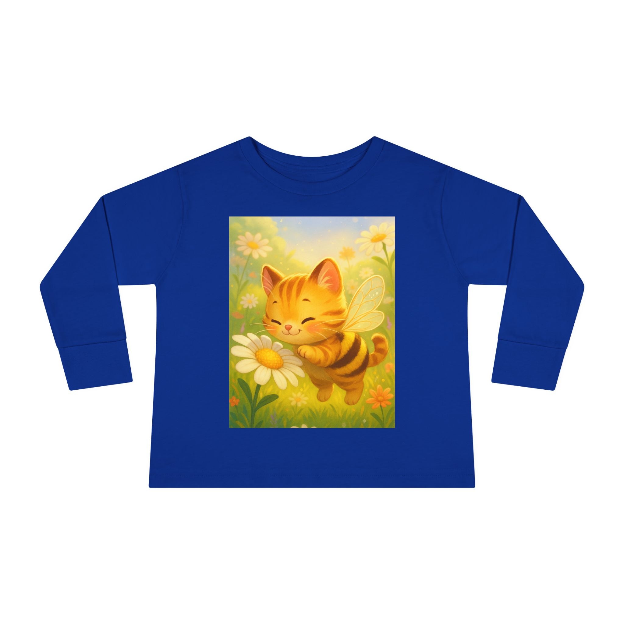 Toddler Long Sleeve Tee - Whimsical Honey Whisker Bumble Cat Garden of Flowers Design