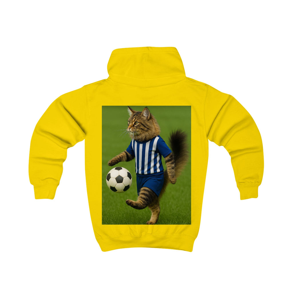 Kids Hoodie — Soccer Cat Design: Playful Goal-Scoring Cat for Young Soccer Fans