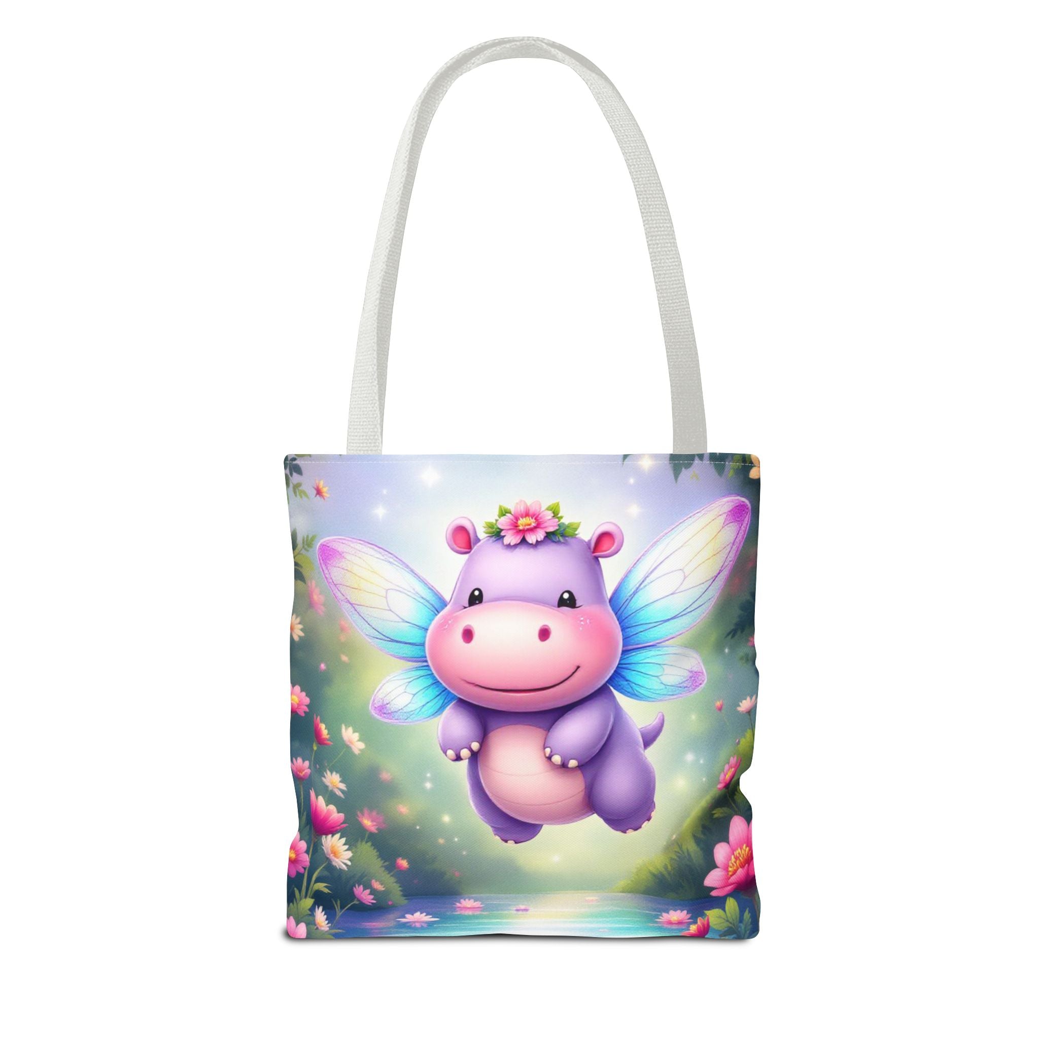 Cute Fairy Hippo Tote Bag — Magical Flower Wings All-Over Print