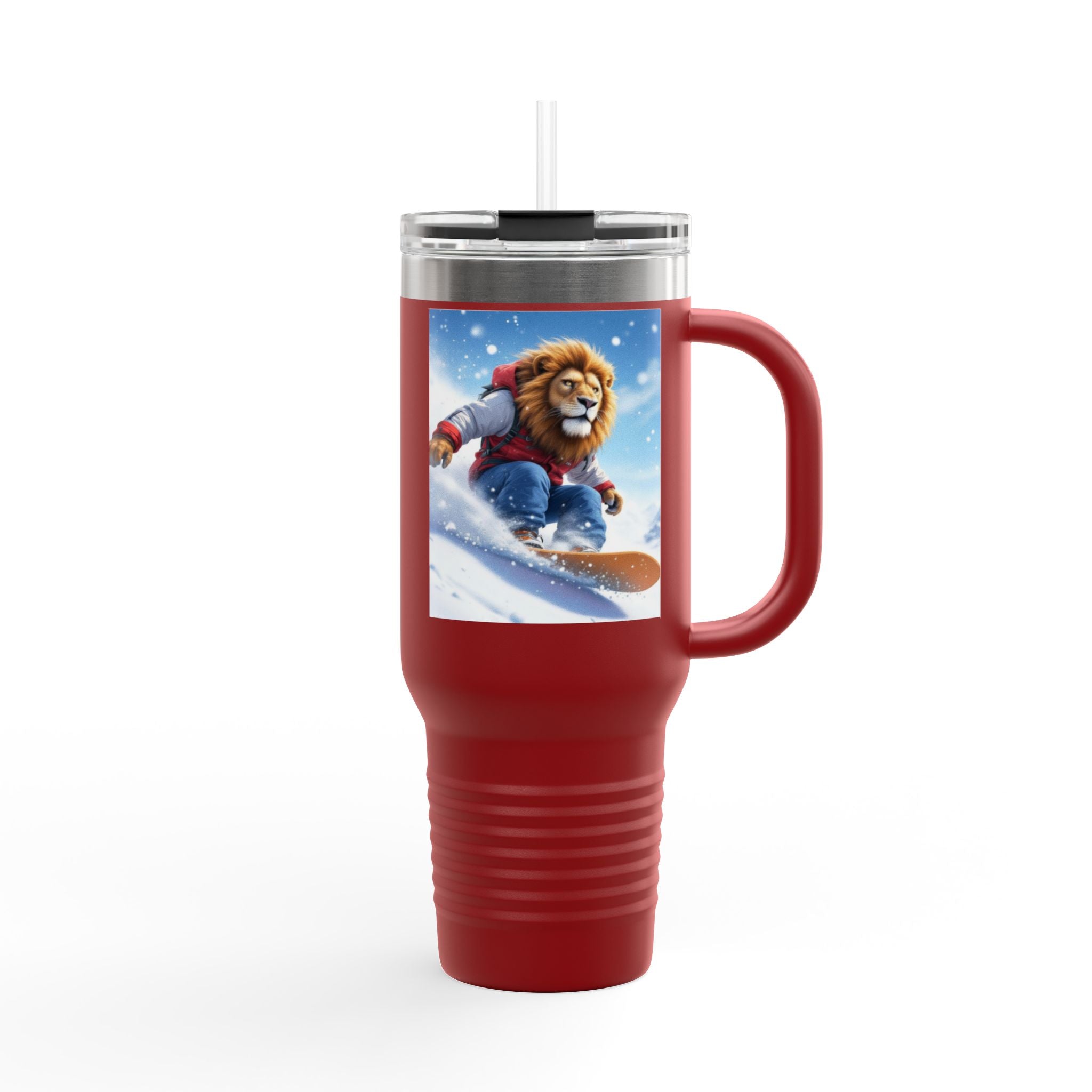 40oz Insulated Travel Mug — Snowboarding Lion Winter Adventure Design