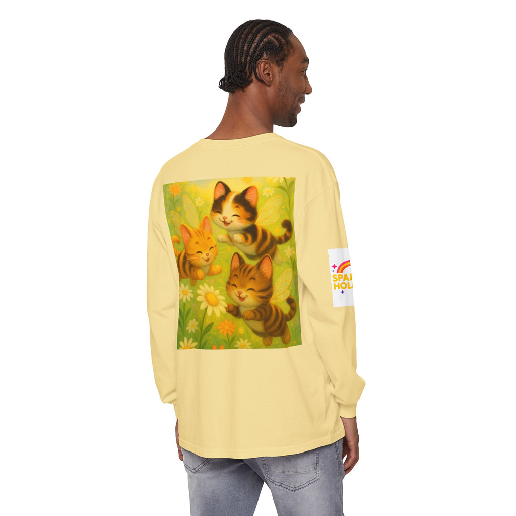 Long Sleeve T-Shirt - Whimsical Bumble Cats and Daisies in Land of Sparkle