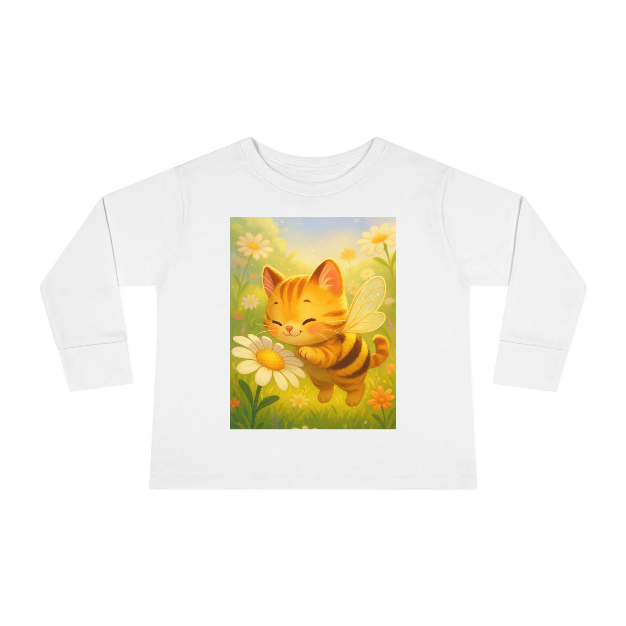 Toddler Long Sleeve Tee - Whimsical Honey Whisker Bumble Cat Garden of Flowers Design