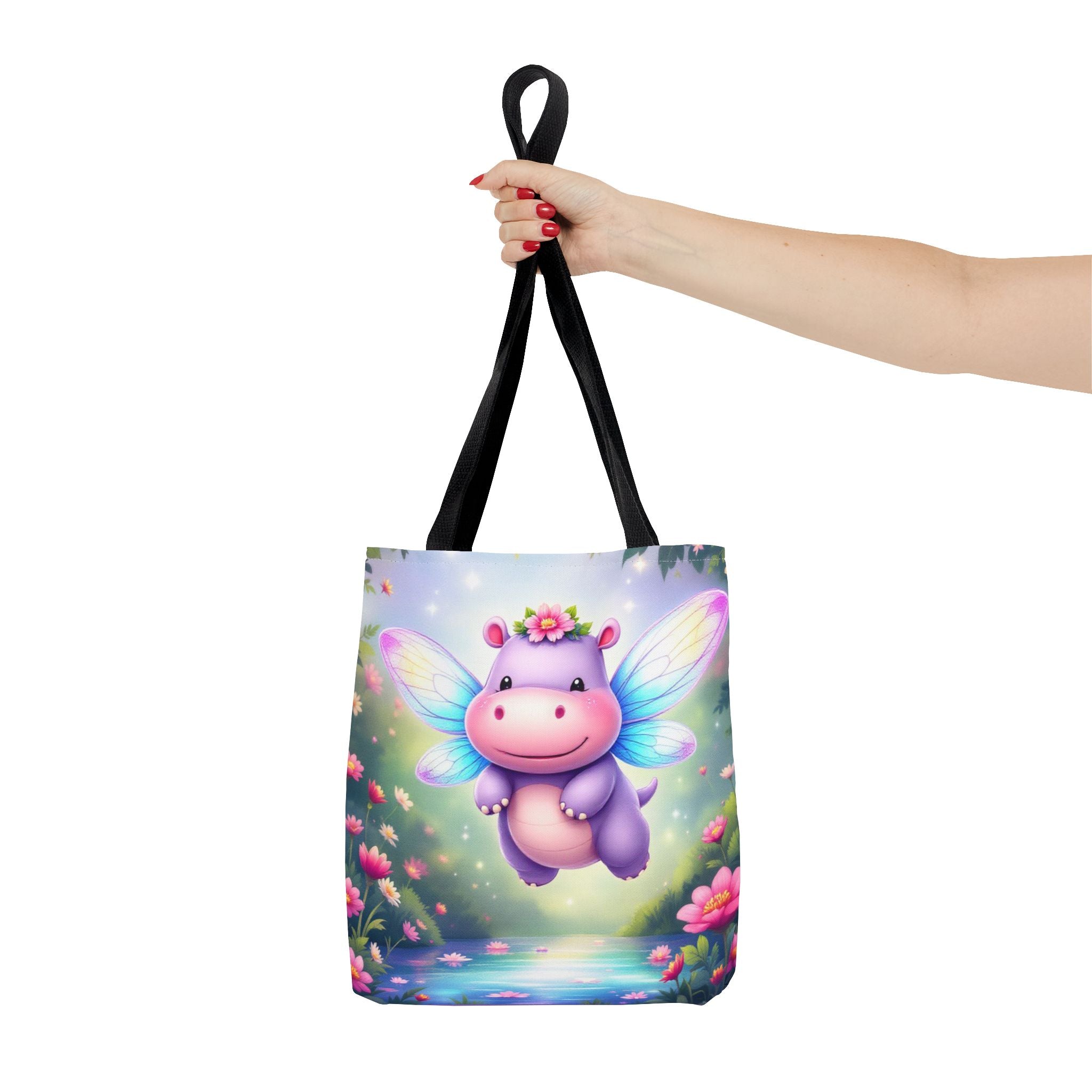 Cute Fairy Hippo Tote Bag — Magical Flower Wings All-Over Print
