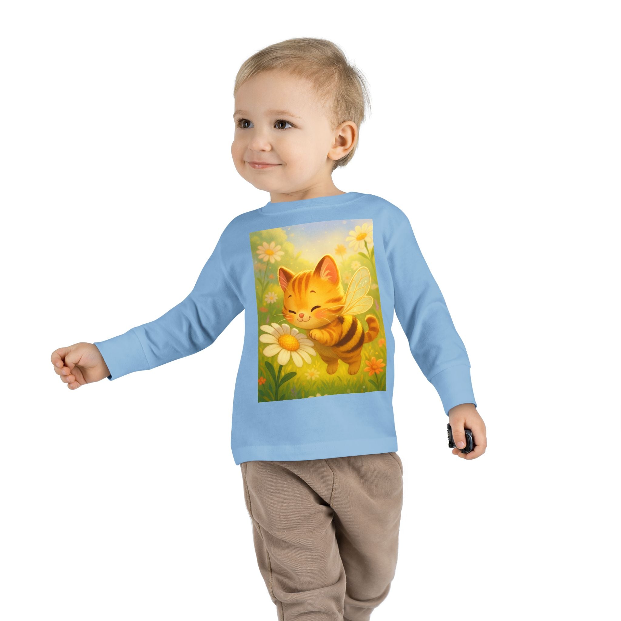 Toddler Long Sleeve Tee - Whimsical Honey Whisker Bumble Cat Garden of Flowers Design