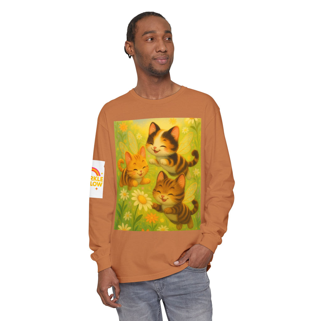 Long Sleeve T-Shirt - Whimsical Bumble Cats and Daisies in Land of Sparkle