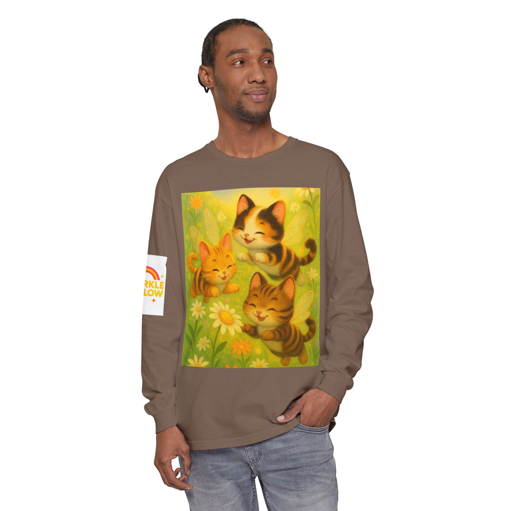Long Sleeve T-Shirt - Whimsical Bumble Cats and Daisies in Land of Sparkle