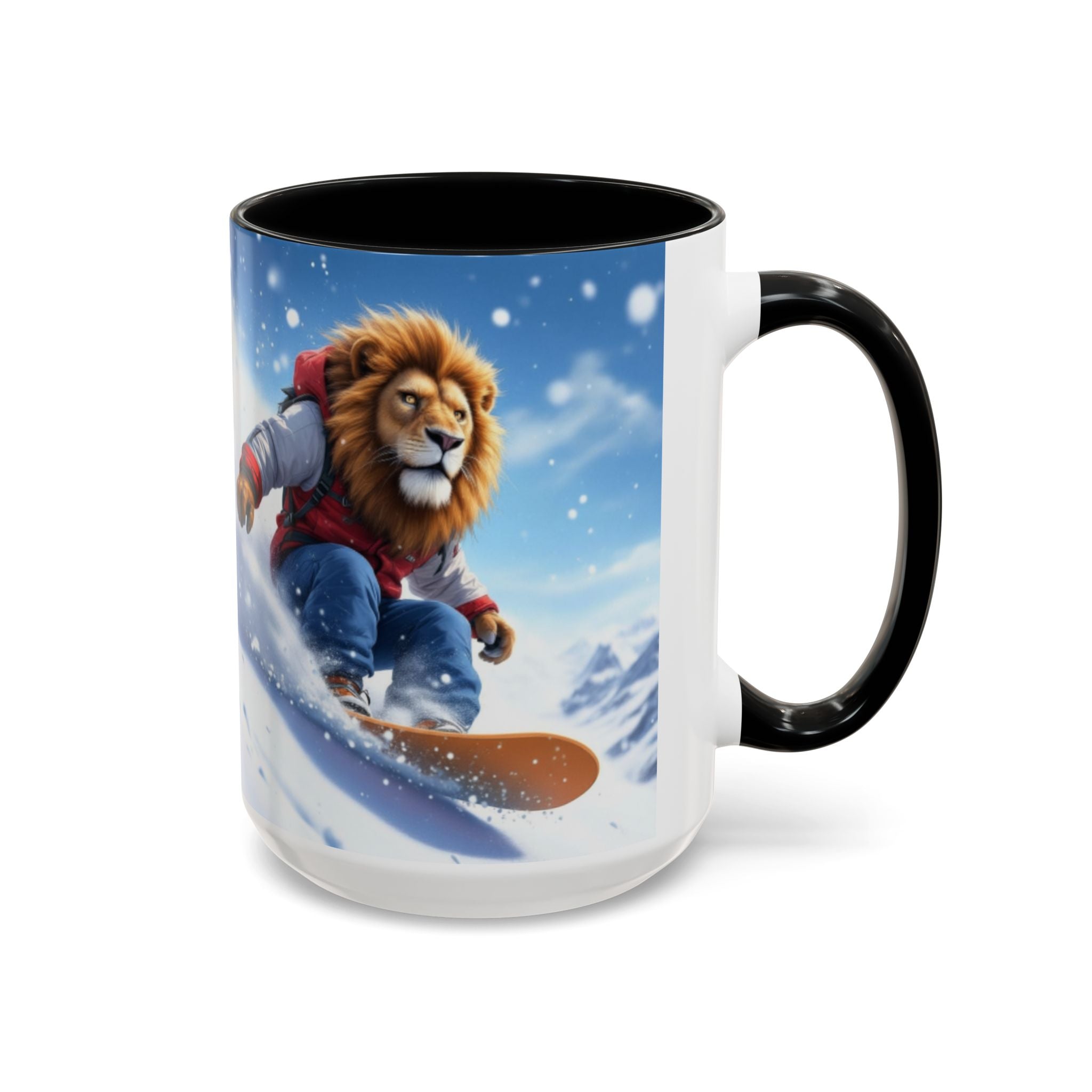 Snowboarding Lion Coffee Mug — Winter Sports Animal Art 11/15oz