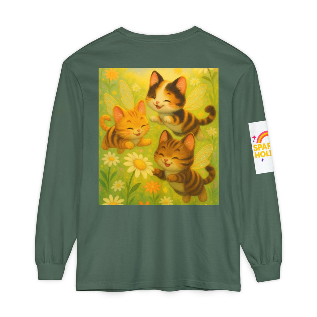 Long Sleeve T-Shirt - Whimsical Bumble Cats and Daisies in Land of Sparkle