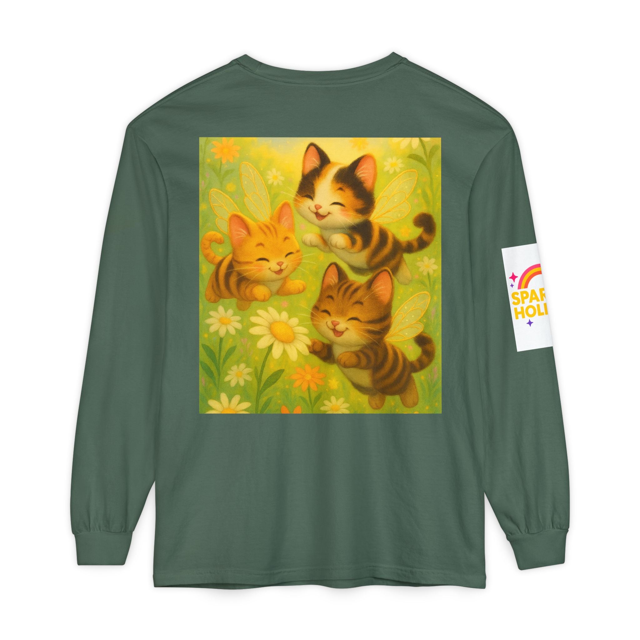 Long Sleeve T-Shirt - Whimsical Bumble Cats and Daisies in Land of Sparkle