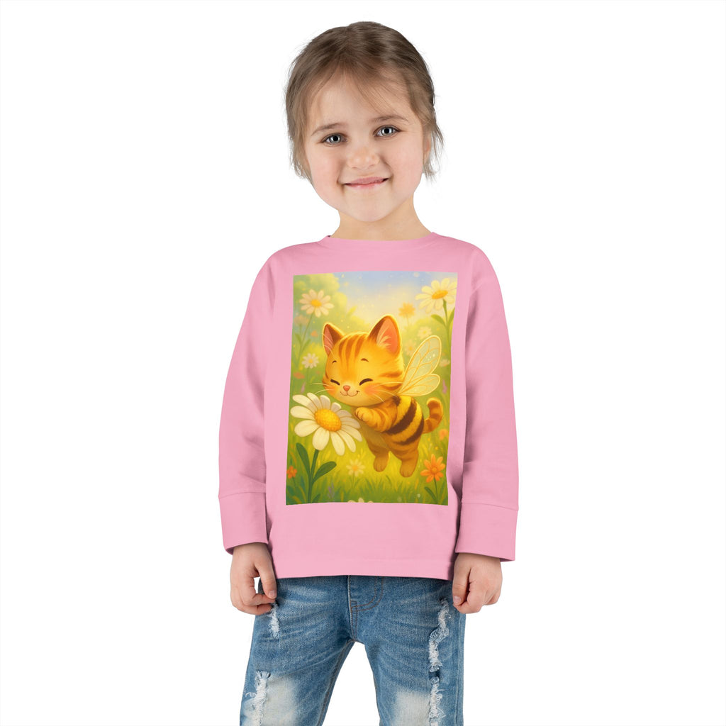 Toddler Long Sleeve Tee - Whimsical Honey Whisker Bumble Cat Garden of Flowers Design