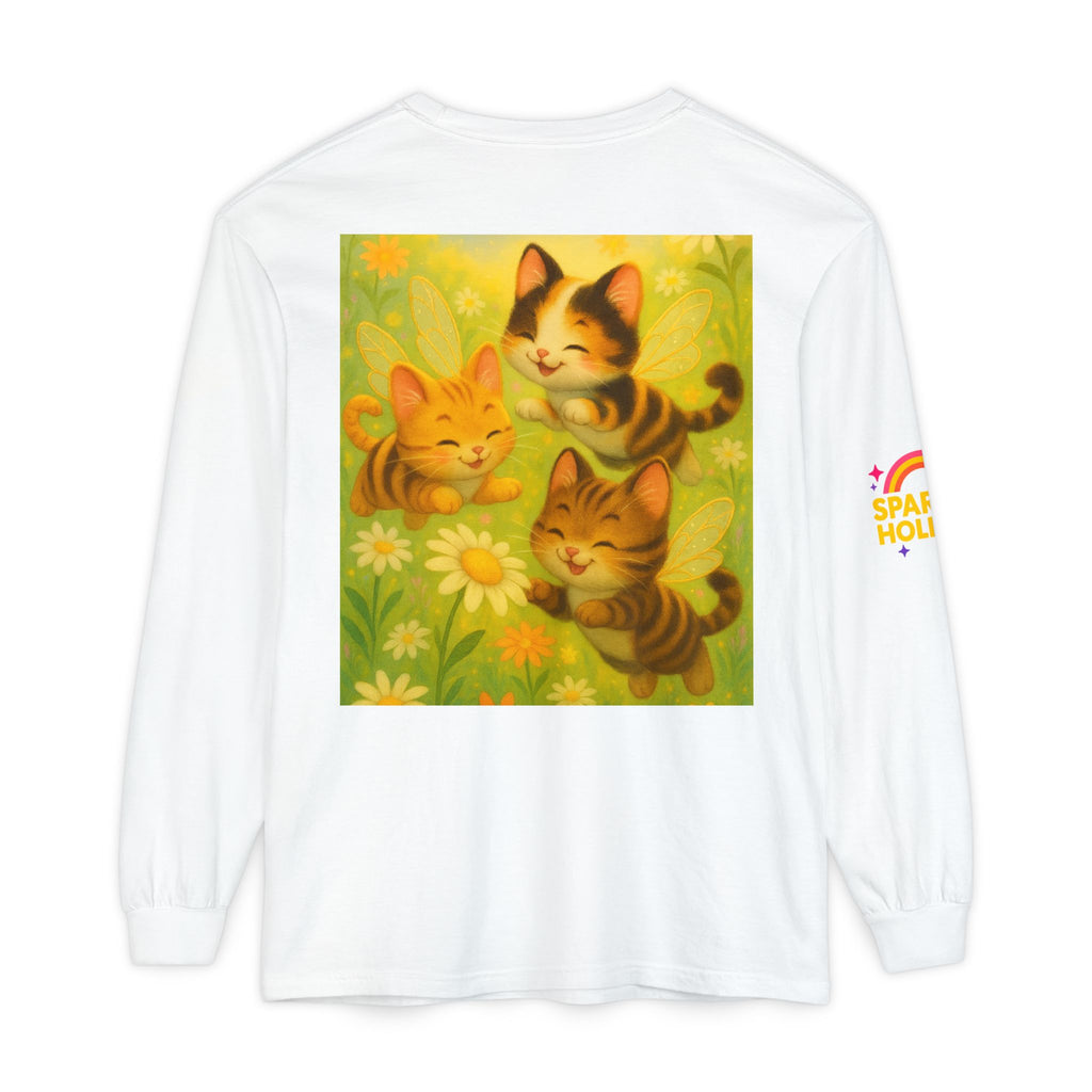 Long Sleeve T-Shirt - Whimsical Bumble Cats and Daisies in Land of Sparkle