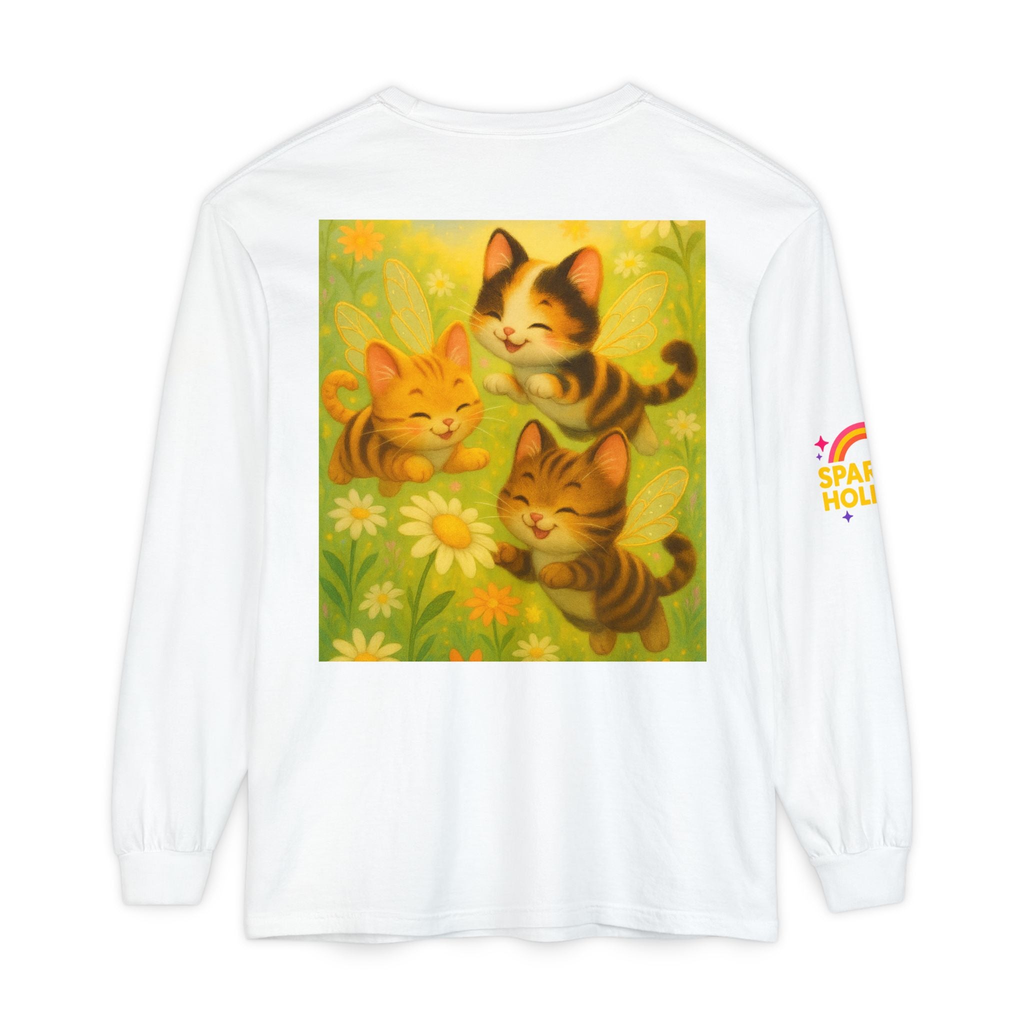 Long Sleeve T-Shirt - Whimsical Bumble Cats and Daisies in Land of Sparkle