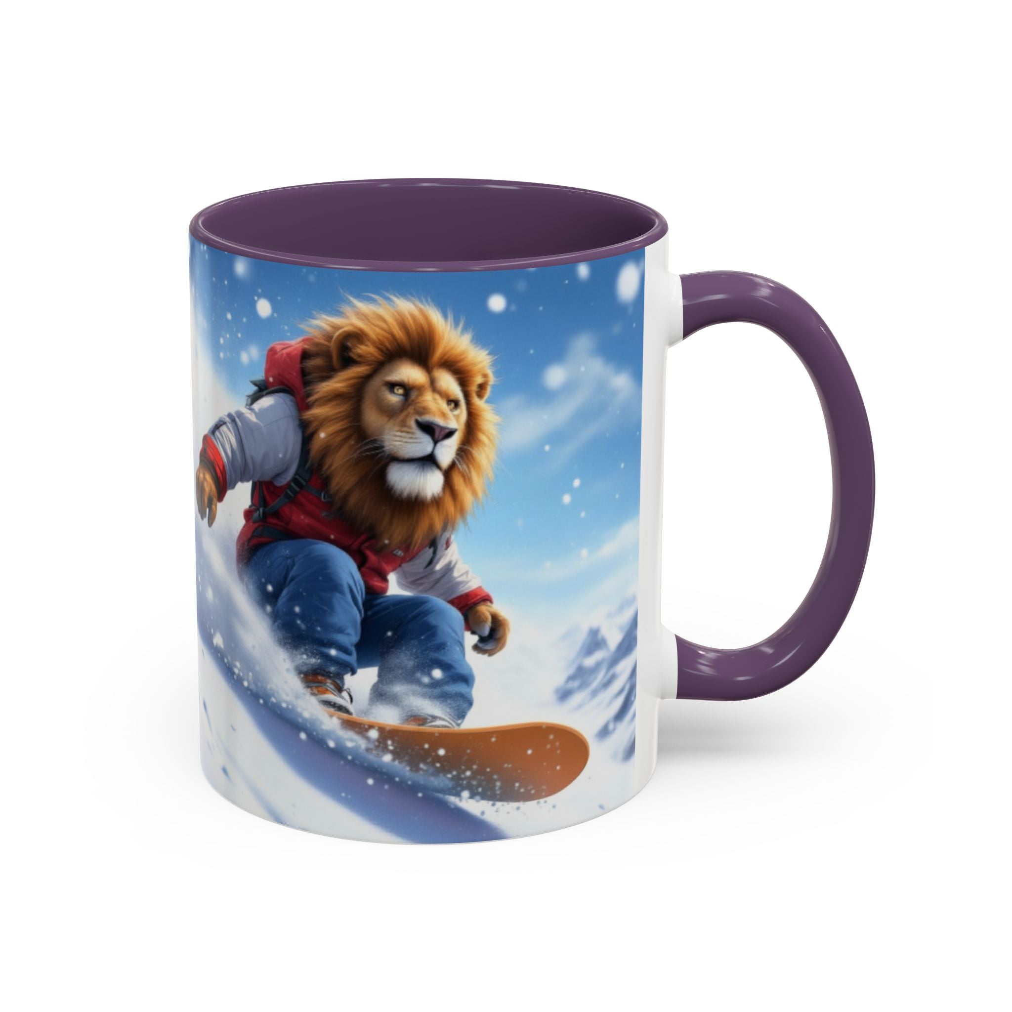 Snowboarding Lion Coffee Mug — Winter Sports Animal Art 11/15oz