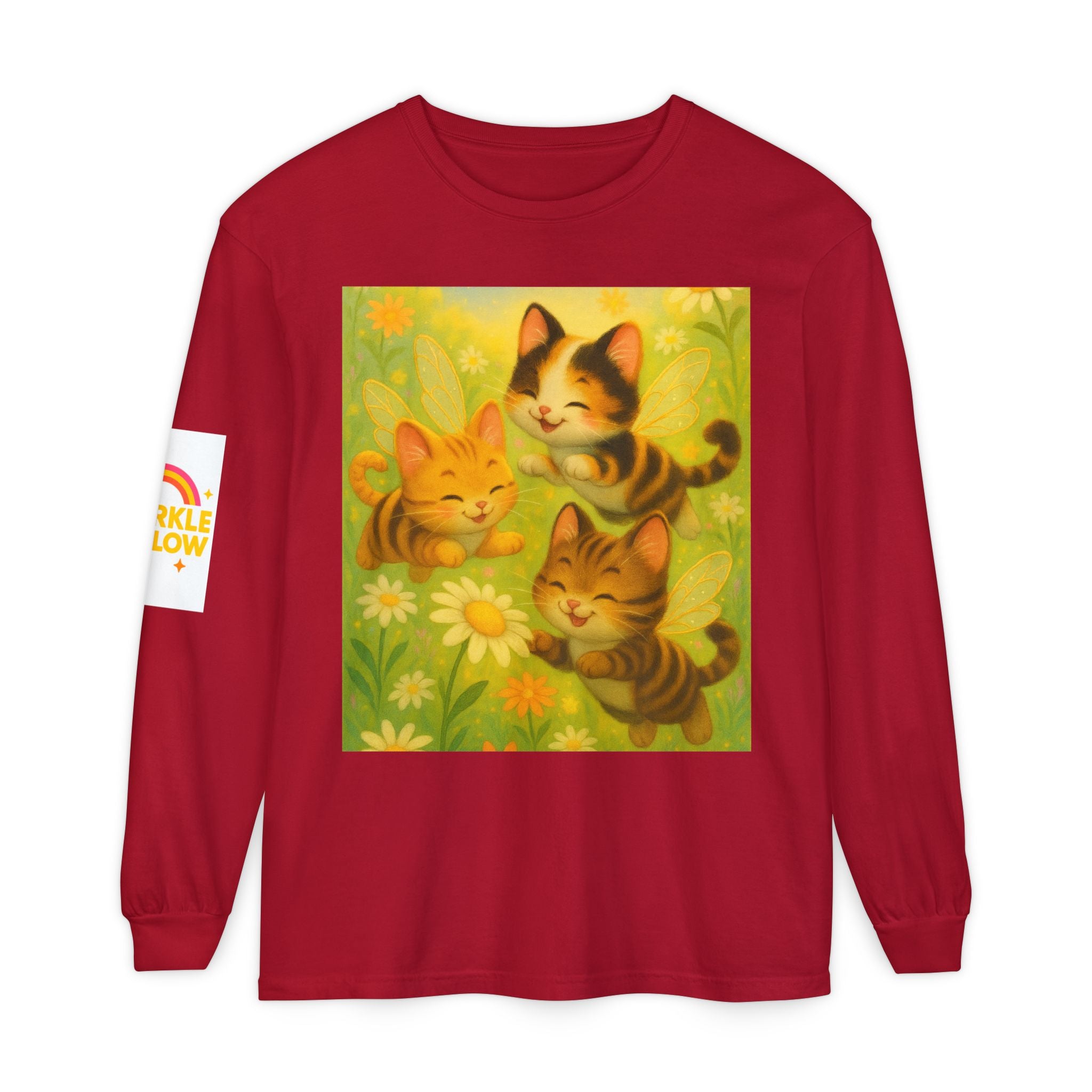 Long Sleeve T-Shirt - Whimsical Bumble Cats and Daisies in Land of Sparkle