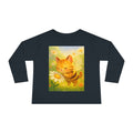 Toddler Long Sleeve Tee - Whimsical Honey Whisker Bumble Cat Garden of Flowers Design