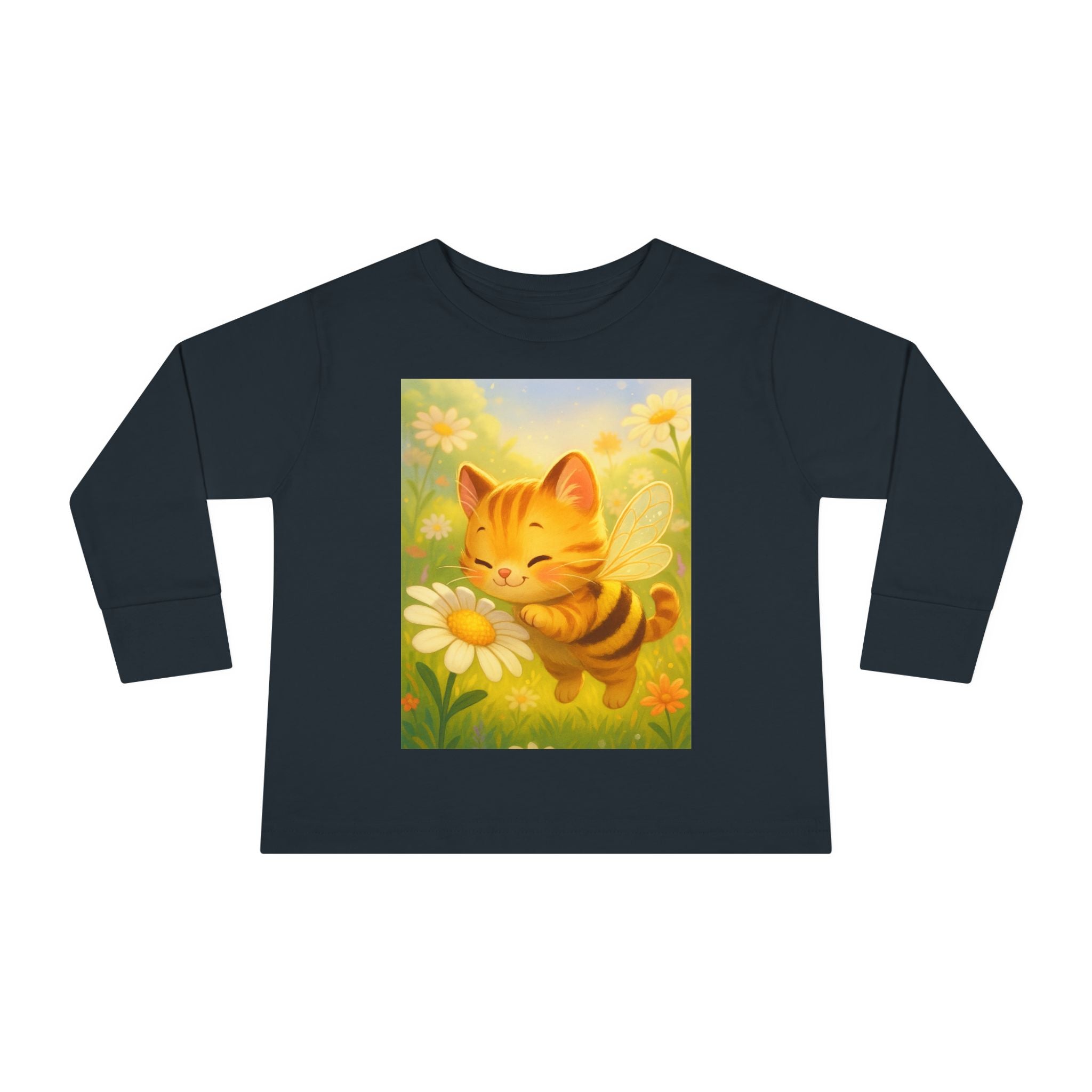 Toddler Long Sleeve Tee - Whimsical Honey Whisker Bumble Cat Garden of Flowers Design