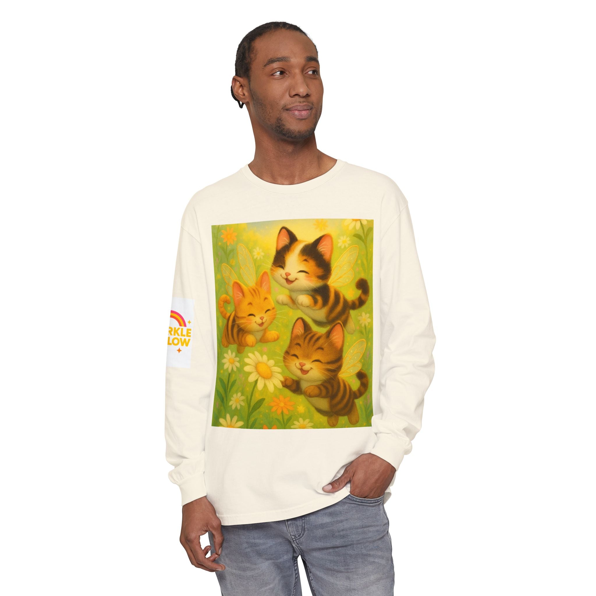 Long Sleeve T-Shirt - Whimsical Bumble Cats and Daisies in Land of Sparkle