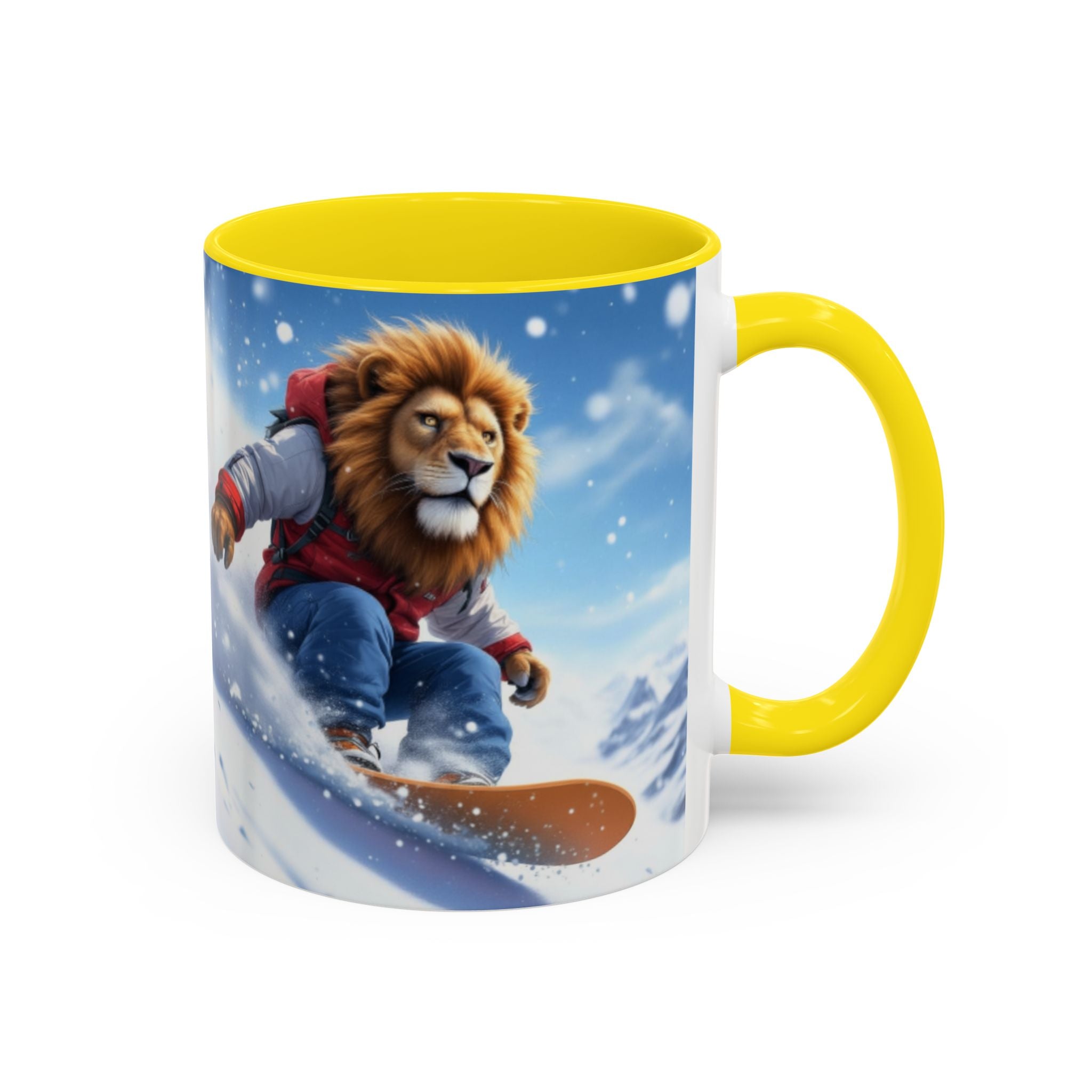 Snowboarding Lion Coffee Mug — Winter Sports Animal Art 11/15oz