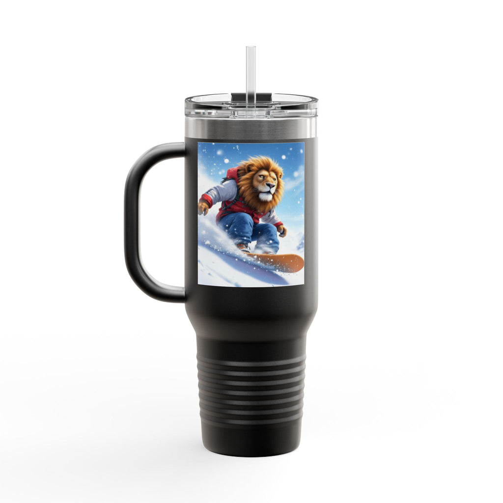40oz Insulated Travel Mug — Snowboarding Lion Winter Adventure Design