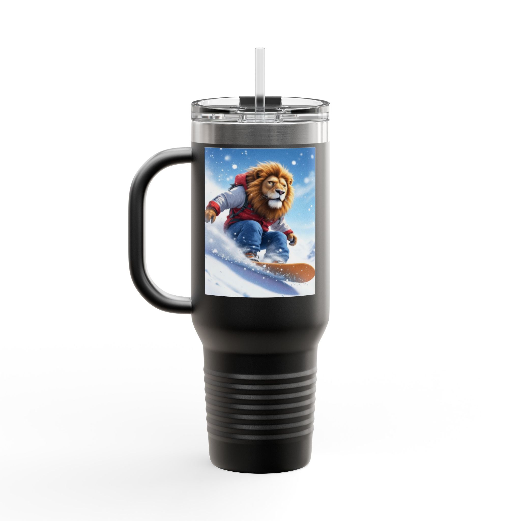 40oz Insulated Travel Mug — Snowboarding Lion Winter Adventure Design