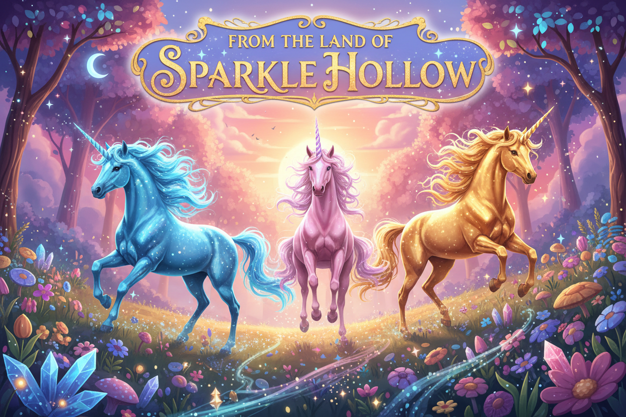 Title reads: From the Land of Sparkle Hollow. Image of 3 unicorns, one blue one pink and one golden, running through a field